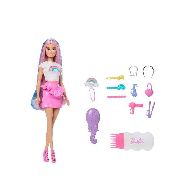 barbie muÑeca rubia pelo arcoiris y accesorios (mattel - jjp07)