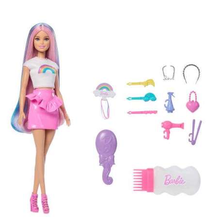 barbie muÑeca rubia pelo arcoiris y accesorios (mattel - jjp07)