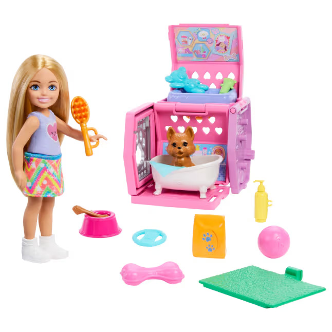 barbie chelsea muÑeca con perro y transportin (mattel - jdf89)