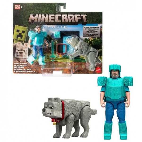 minecraft movie pack 2 steve & wolf (mattel - jfr71)