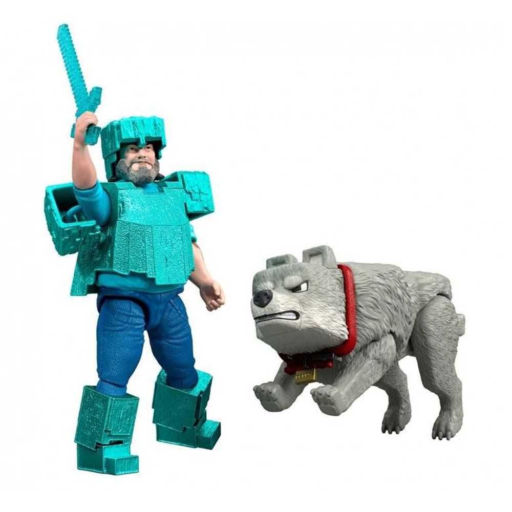 minecraft movie pack 2 steve & wolf (mattel - jfr71)