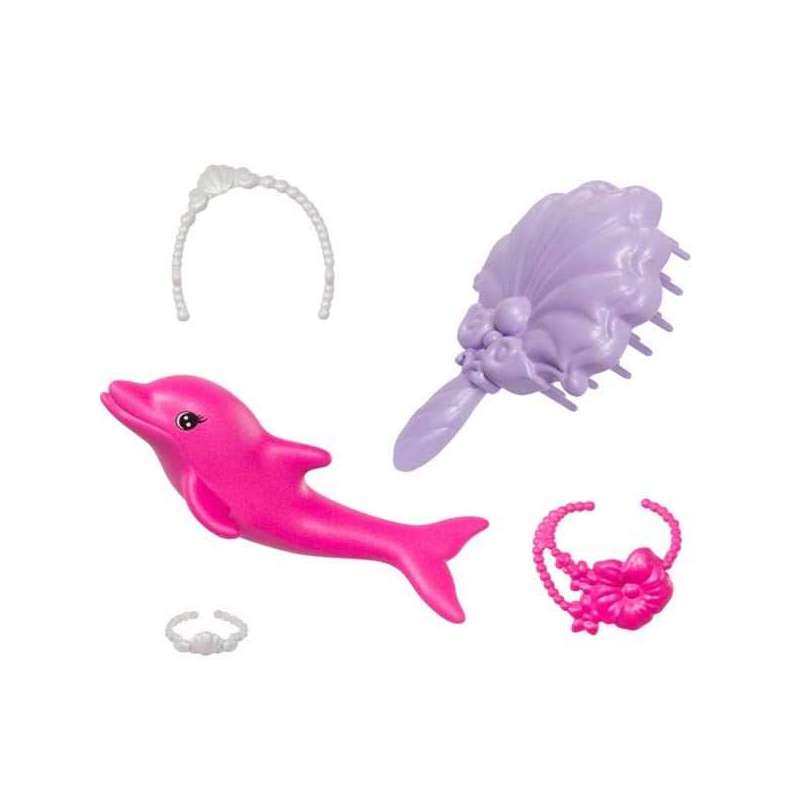 barbie muñeca sirena malibú que cambia de color con el agua con accesorios de moda y delfín, serie un toque de magia, juguete +3