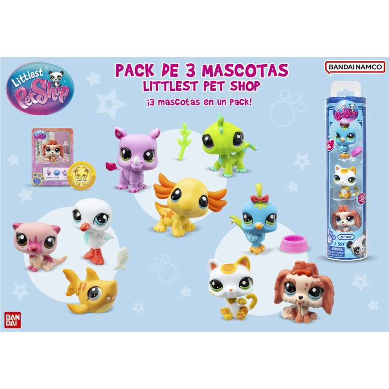 littlest pet shop pack 3 mascotas surtidas ( bandai - bf00550 )