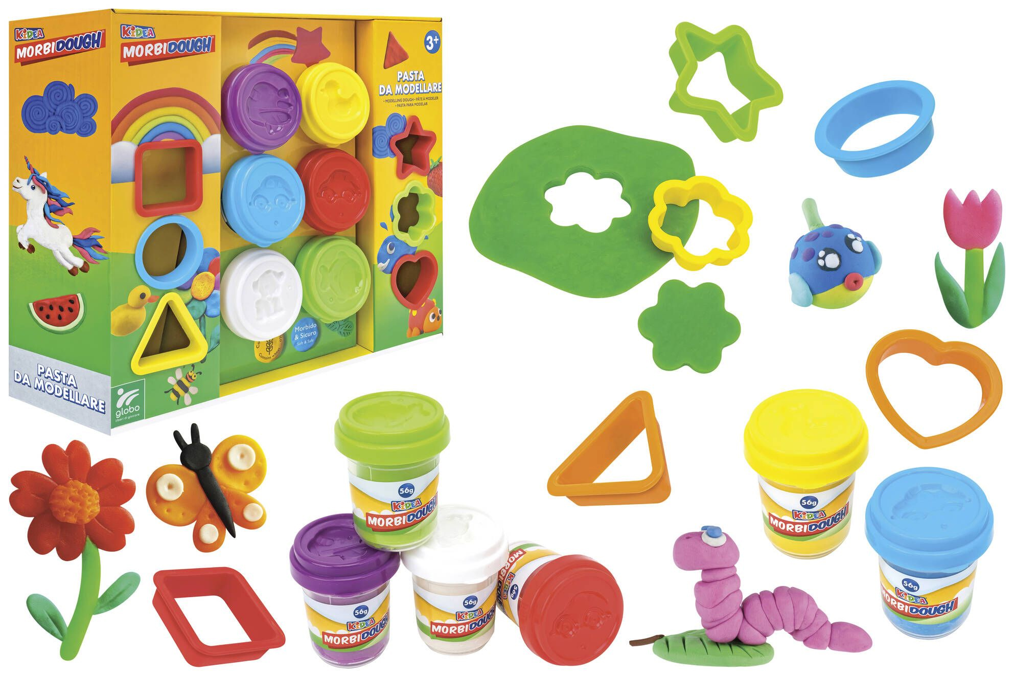 set geometrico plastilina 6x56 gr con 6 formas (globo - 40836)