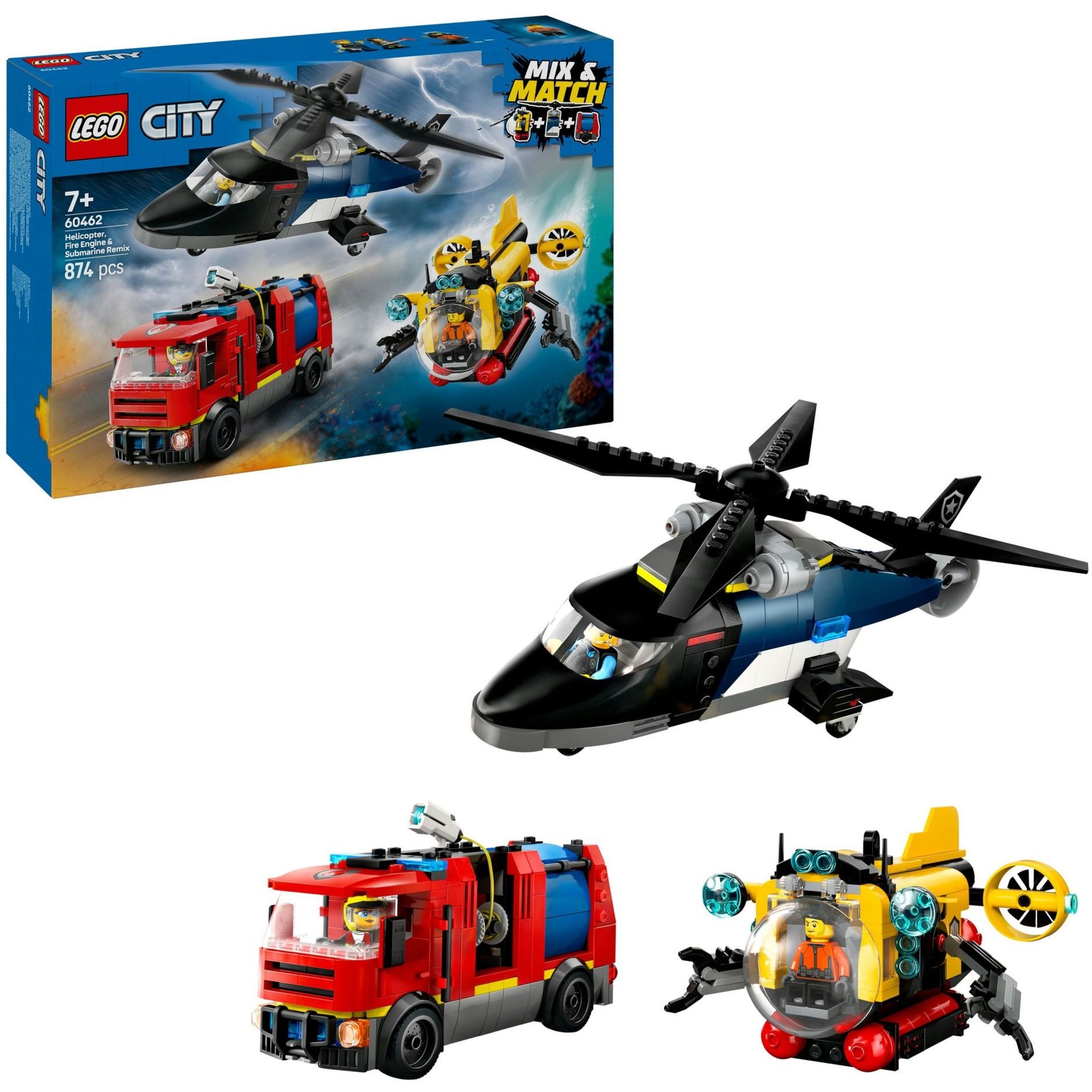 lego city mix helicoptero, camion bomberos y submarino (lego - 60462)