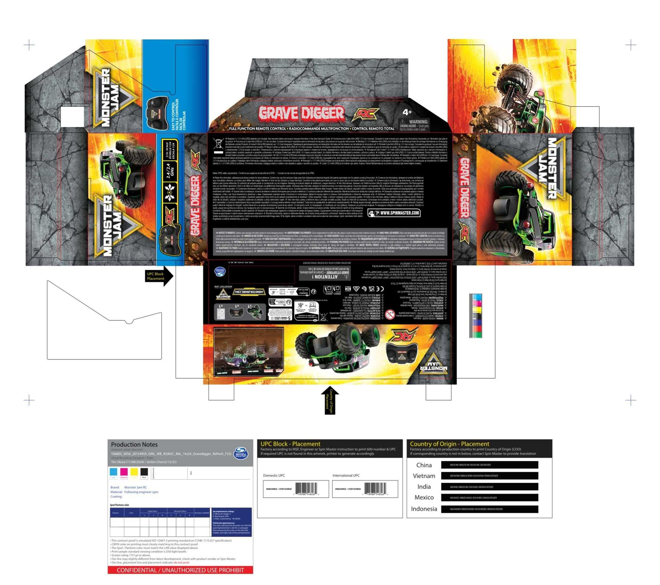 monster jam grave digger r/c 1:24  (spin master - 6044955)