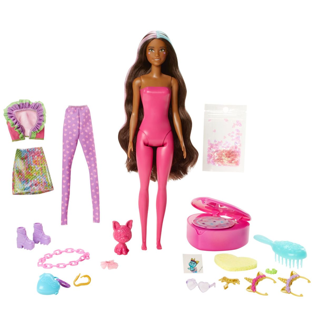 barbie color reveal unicornio, muñeca sorpresa con accesorios de moda, pulsera de juguete y mascota sorpresa (mattel gxv95)
