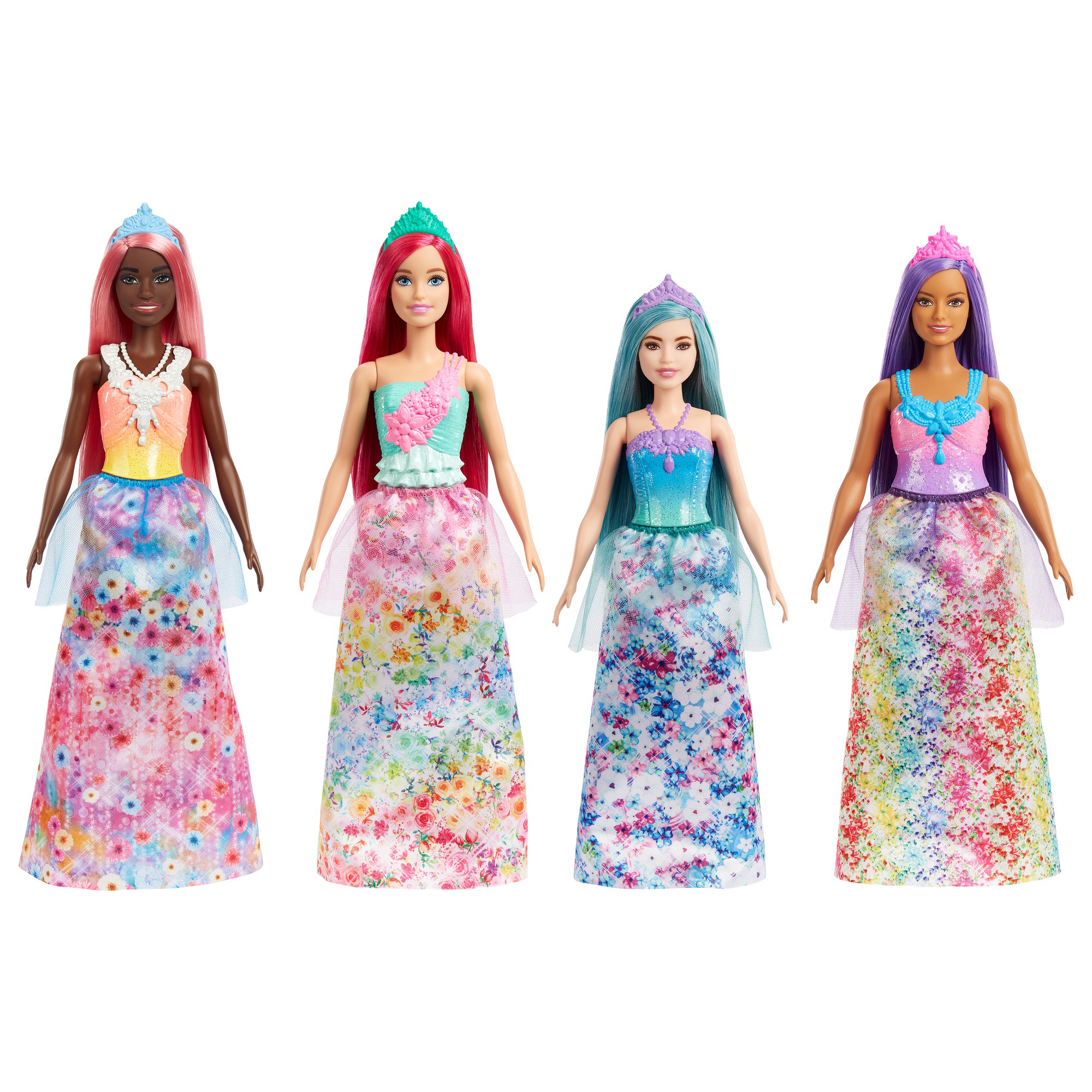 barbie princesa muñeca surtida con falda estampada de flores con tul y corona, juguete +3 años (mattel hgr13)