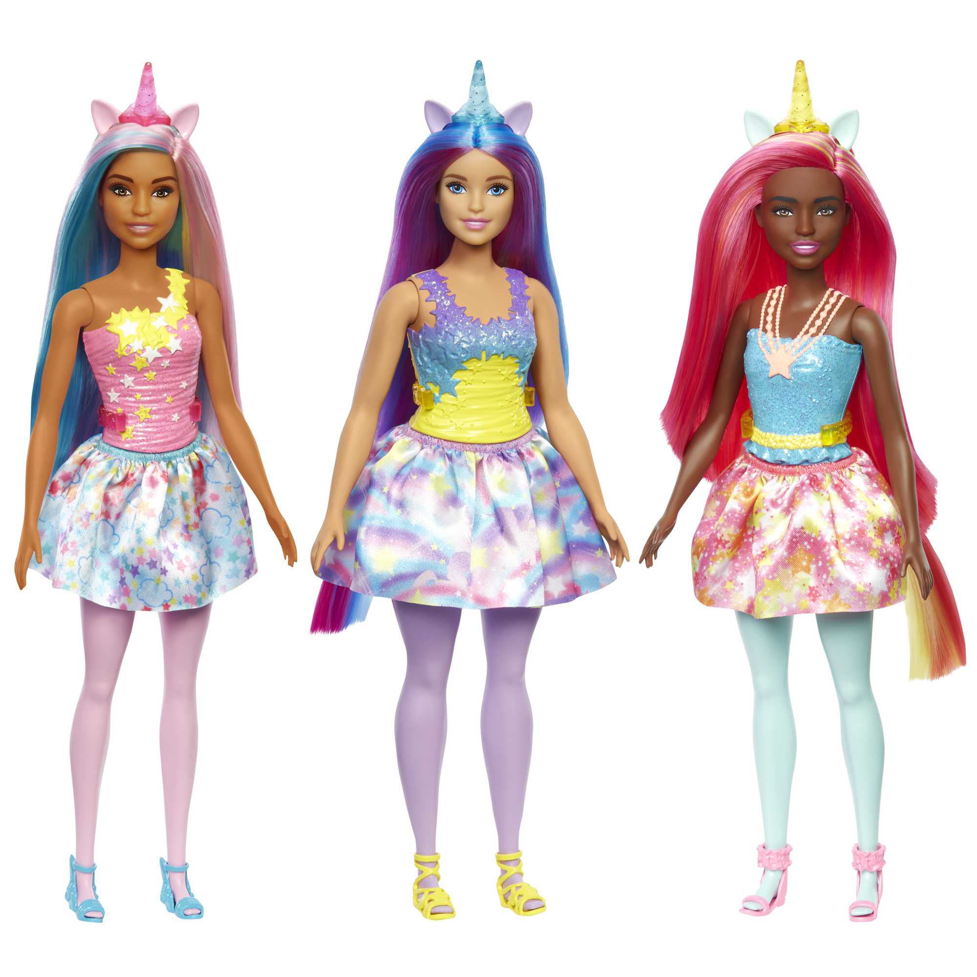 barbie unicornio muñeca surtida con pelo arcoíris, falda y accesorios fantasía, juguete +3 años (mattel hgr18)
