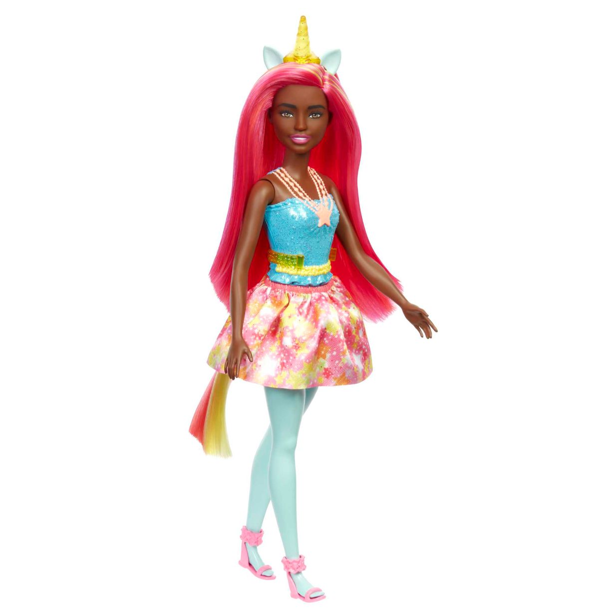 barbie unicornio muñeca surtida con pelo arcoíris, falda y accesorios fantasía, juguete +3 años (mattel hgr18)