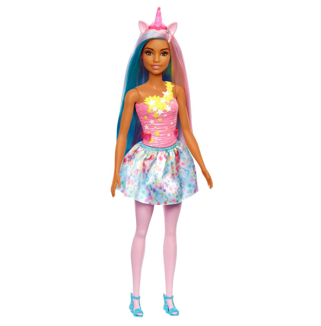 barbie unicornio muñeca surtida con pelo arcoíris, falda y accesorios fantasía, juguete +3 años (mattel hgr18)