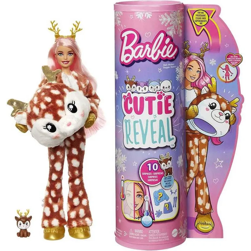 barbie cutie reveal serie invierno ciervo disfraz animal revela una muñeca articulada con chaqueta reversible, mascota y accesor