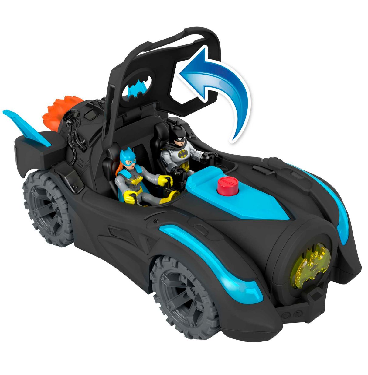 fisher-price imaginext dc super friends batmóvil power reveal coche de juguete con luces ultravioleta y sonidos, incluye figura 