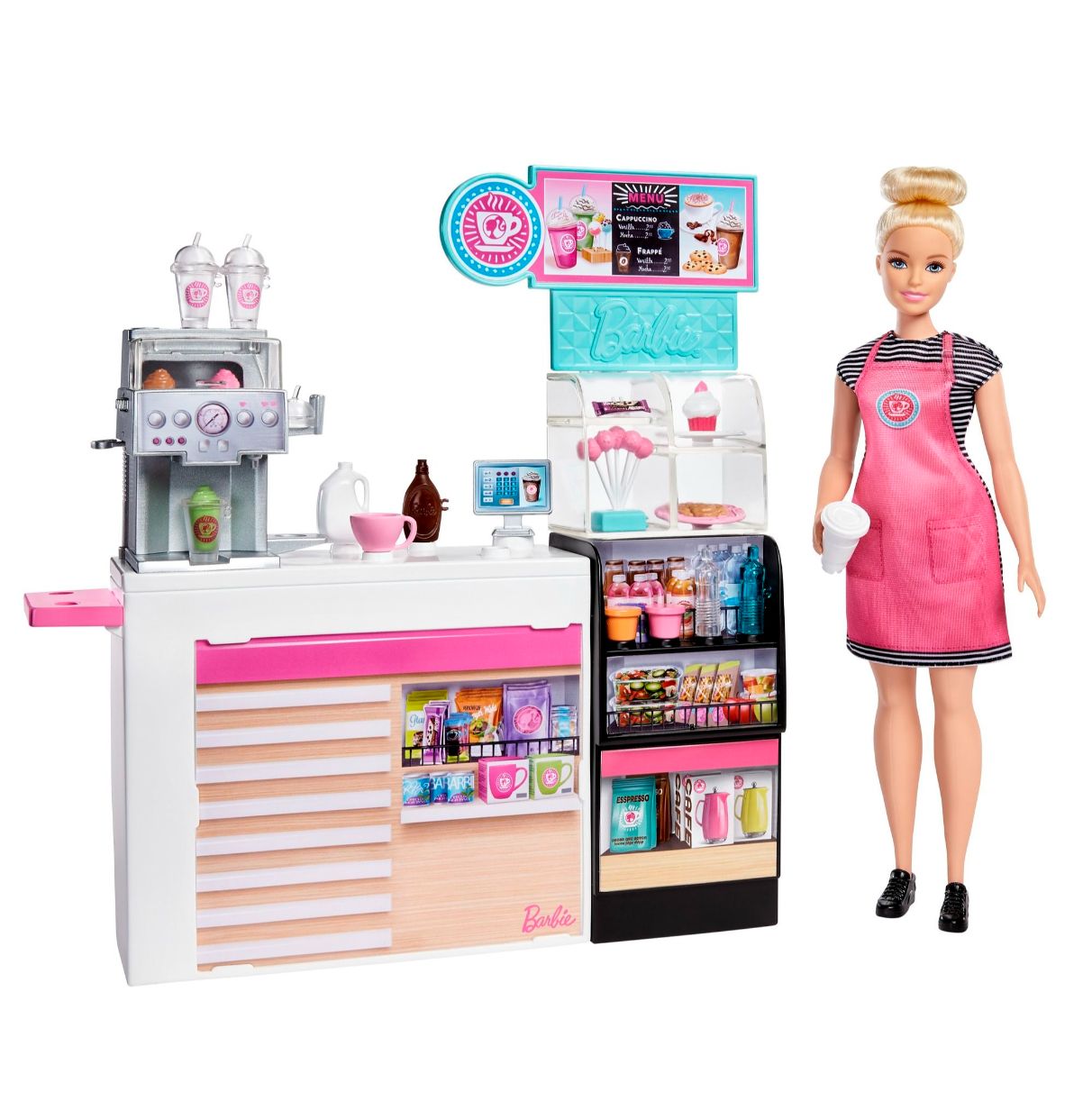 barbie y su cafetería, muñeca con accesorios para  café , smoothies, cupcakes y ensaladas de juguete (mattel gmw03)