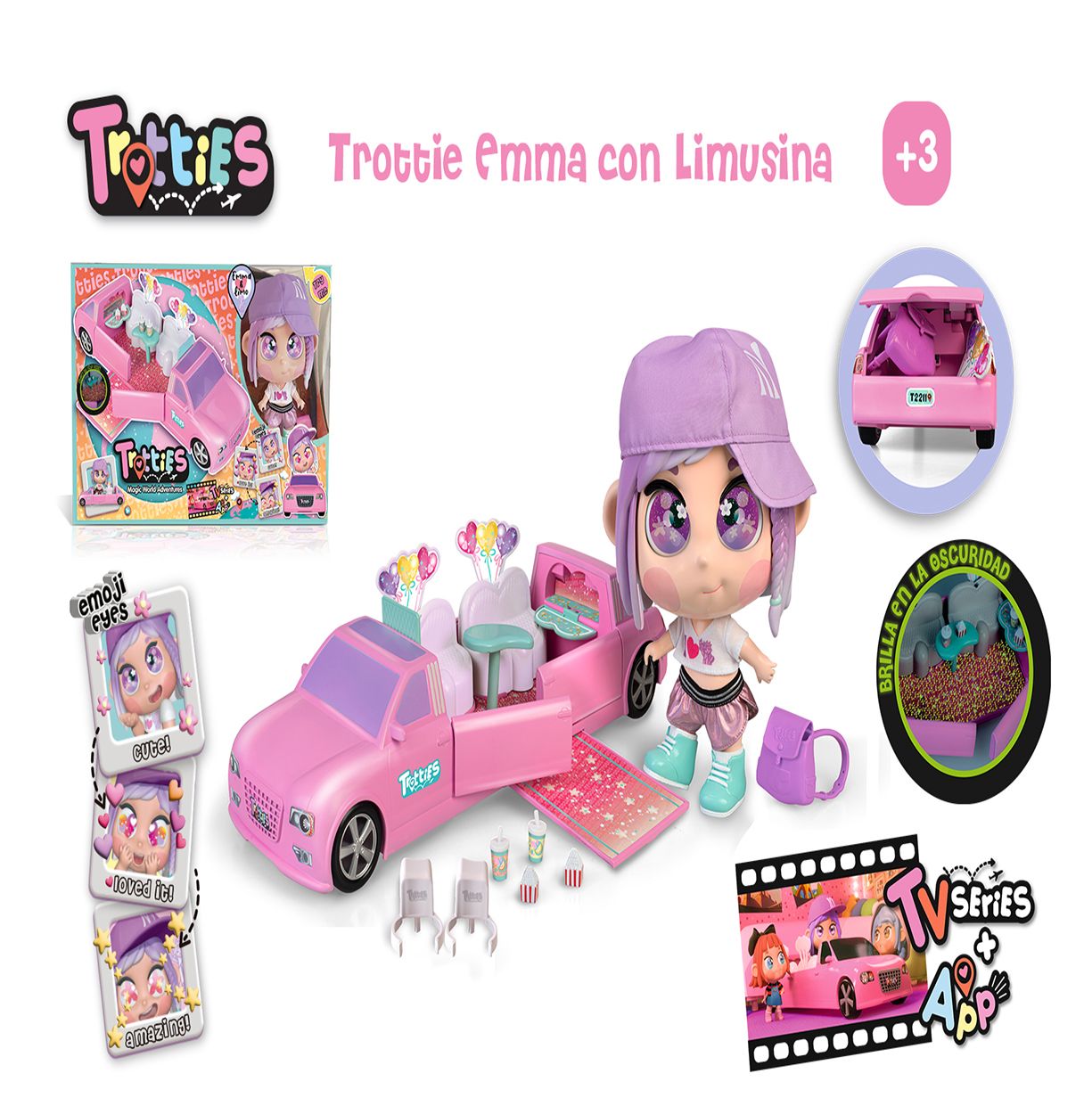 trotties - emma & limo, trottie nueva york y su limusina móvil desplegable, muñecas viajeras de la serie de dibus animados, con 