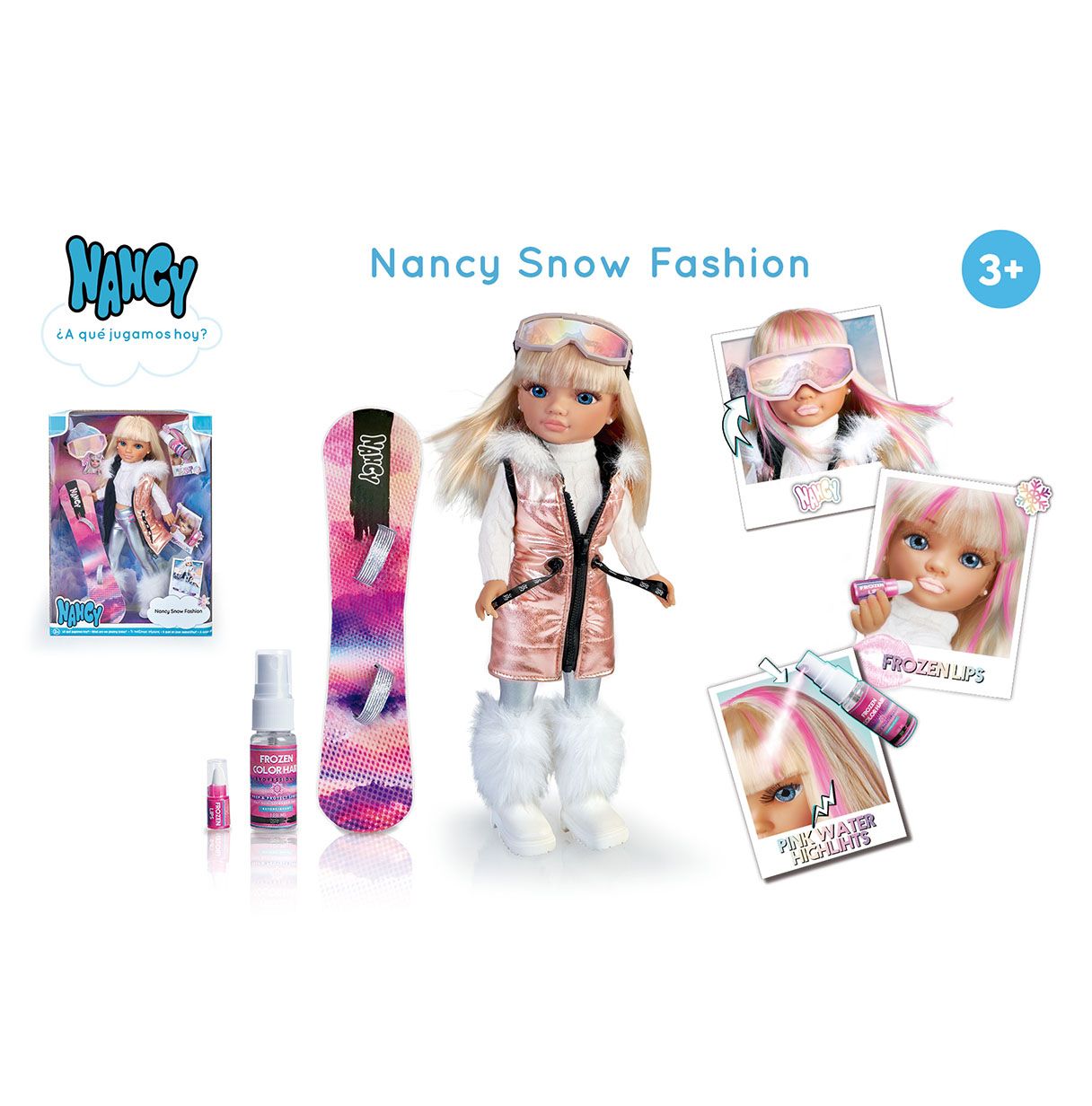 nancy - snow fashion, un día en la nieve, muñeca esquiadora de pelo rubio y mechas rosas, una tabla de snowboard y outfit glam p