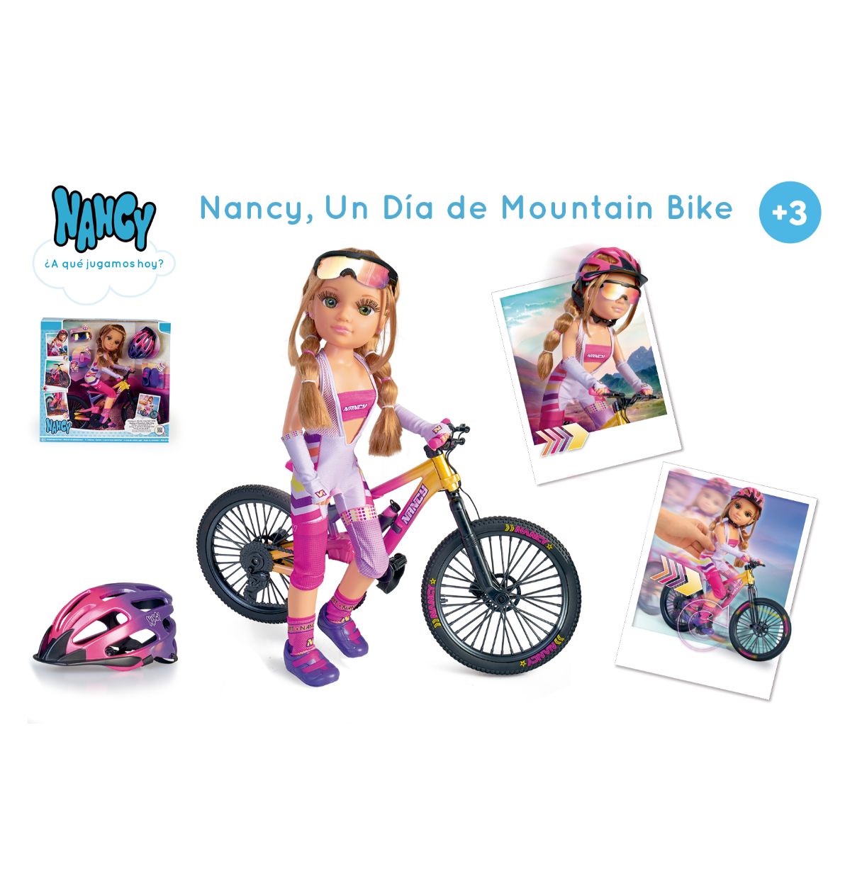 nancy - un día de mountain bike, muñeca articulada con outfit de ciclista, complementos y accesorios, bicicleta que se mueve, se