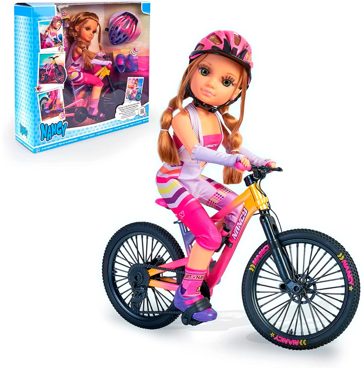 nancy - un día de mountain bike, muñeca articulada con outfit de ciclista, complementos y accesorios, bicicleta que se mueve, se