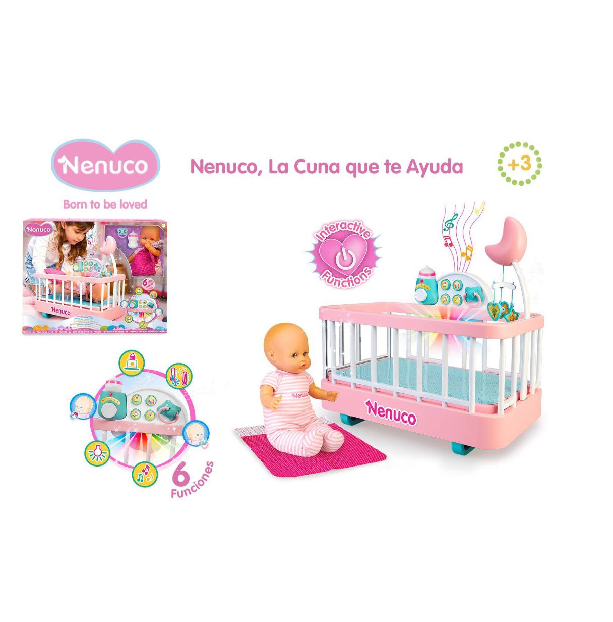 nenuco - la cuna que te ayuda, cunita interactiva con luces y sonidos para nenuco, con un muñeco de cuerpo blandito para los niñ