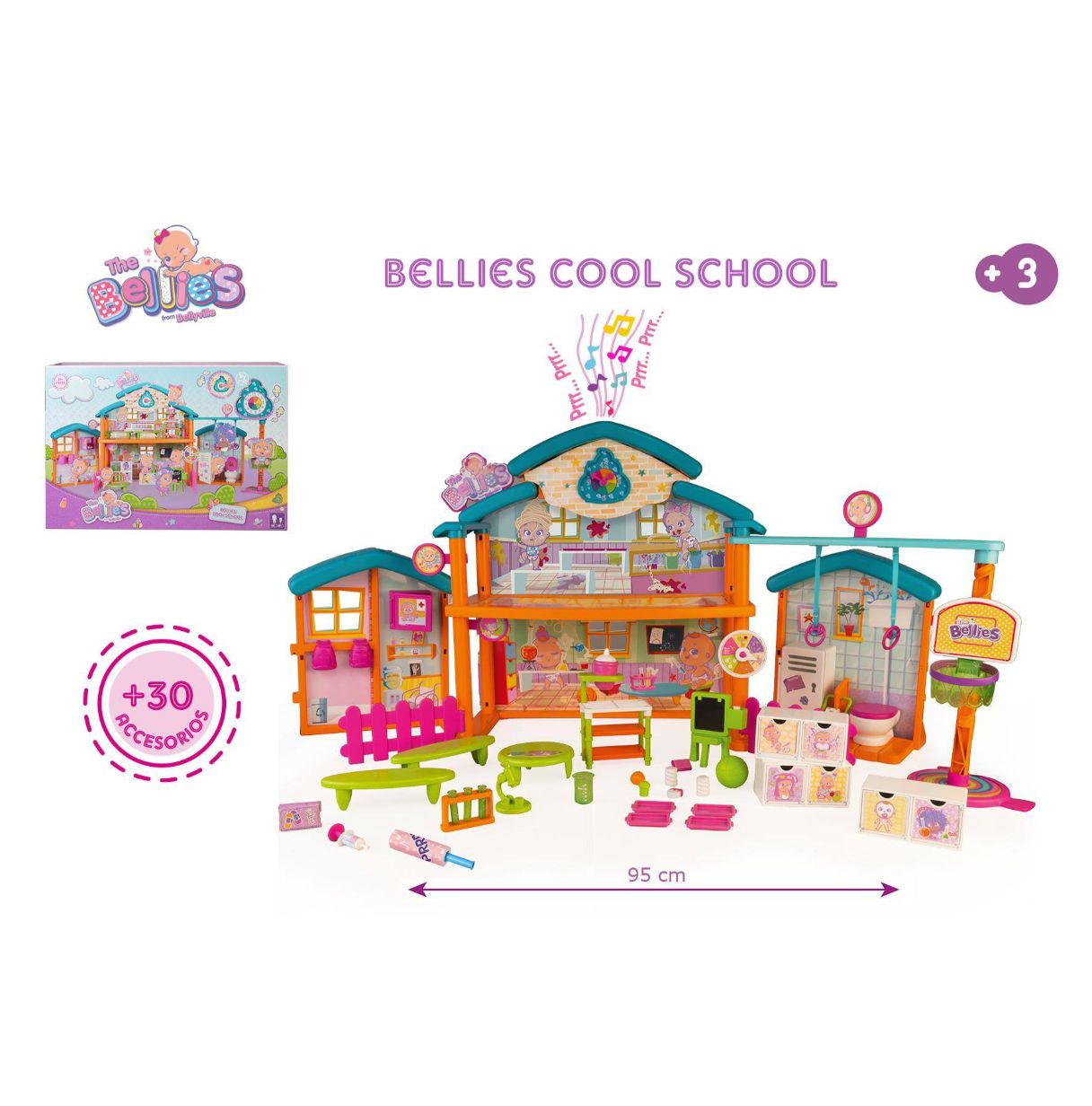 the bellies from bellyville - bellies cool school, playset de juguete del cole de bellies, con muchas áreas de juego para bebés 