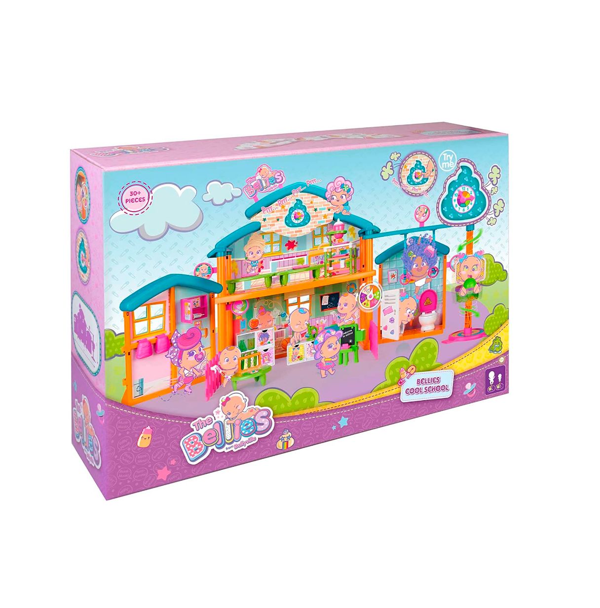 the bellies from bellyville - bellies cool school, playset de juguete del cole de bellies, con muchas áreas de juego para bebés 