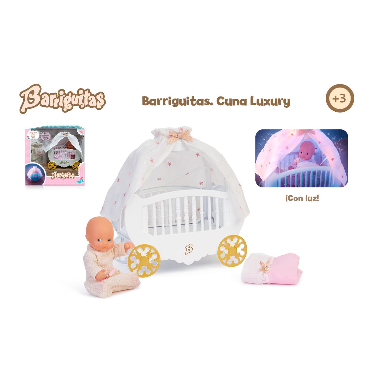 los barriguitas - cuna luxury, cunita con luz para la casa de las barriguitas clásicas de siempre, incluye una muñeca bebé barri