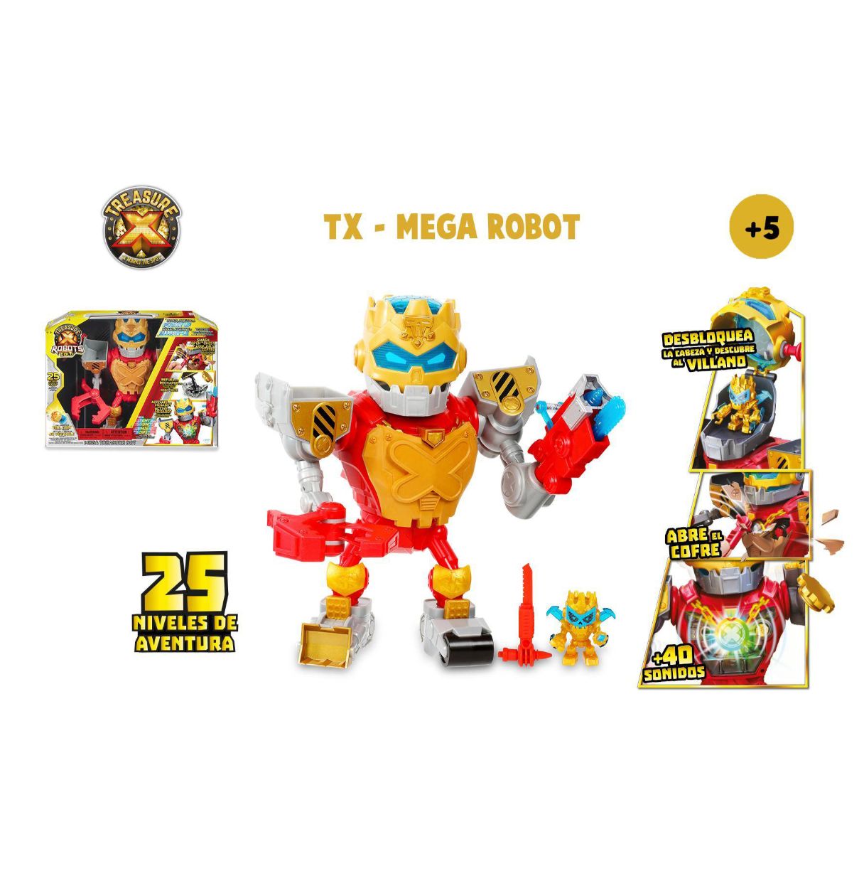 treasure x - mega robot, juguete con más de 25 niveles de aventura, sonidos, música y luces, encuentra piezas para montarlo, des