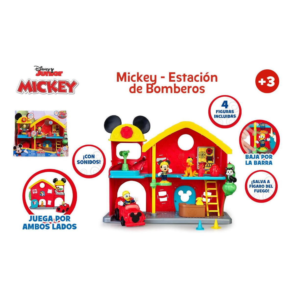 mickey mouse & minnie - estación de bomberos, set de juguete de y sus amigos de disney, con figra articulada, 10 accesorios incl