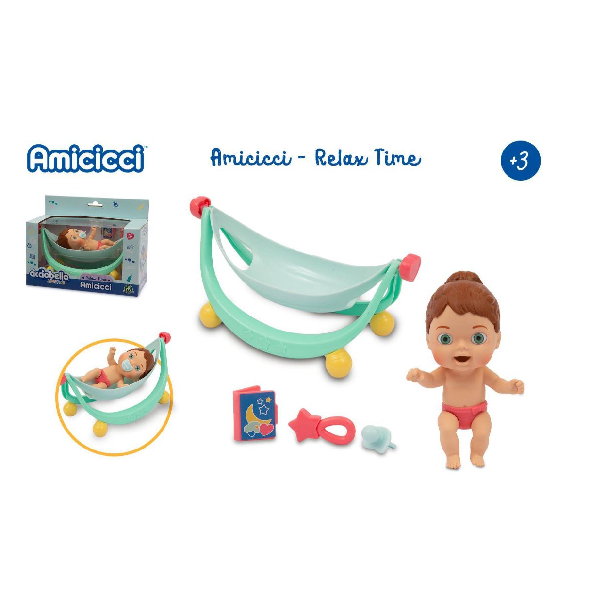 amicicci cicciobello - amiccici relax time, muñeco bebé blandito y elástico con una hamaca para dormir y varios accesorios de ju