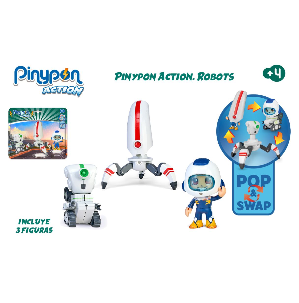 pinypon action - robots space pack, 3 figuras diferentes, 2 robots espaciales y un muñeco astronauta, con piezas desmontables e 