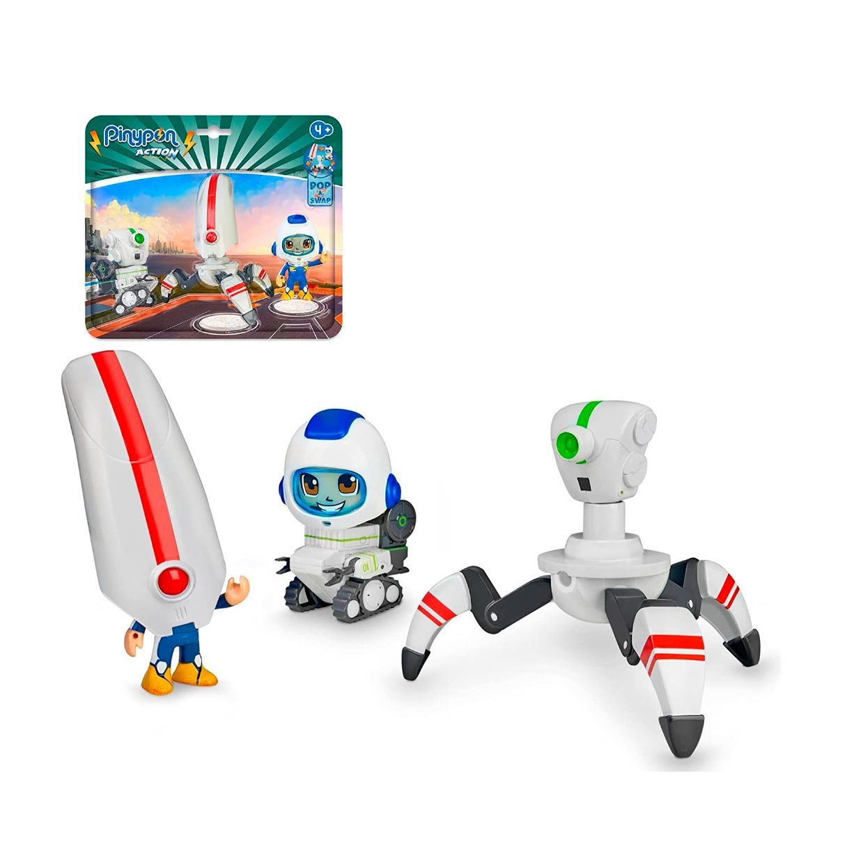 pinypon action - robots space pack, 3 figuras diferentes, 2 robots espaciales y un muñeco astronauta, con piezas desmontables e 