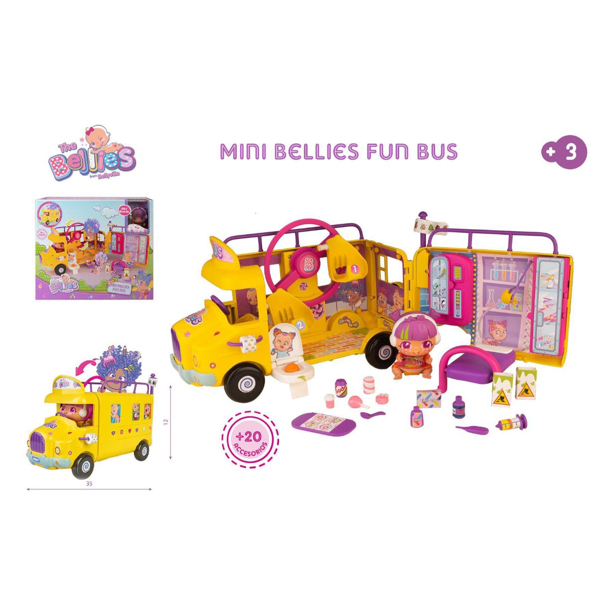 the bellies from bellyville - mini bellies funny bus, muñeca mini bonnie y un autobús amarillo de los bebés traviesos con acceso