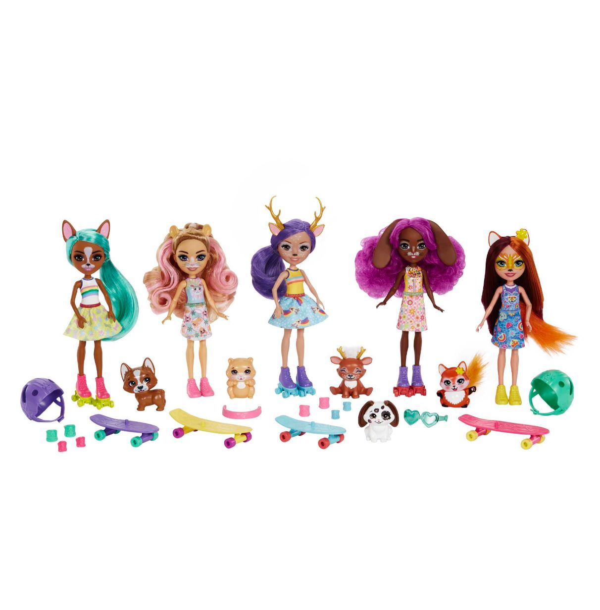 enchantimals city tails pack 5 muñecas skate danessa deer, harmony hamster, barley bunny, felicity fox y cleo corgi con mascotas