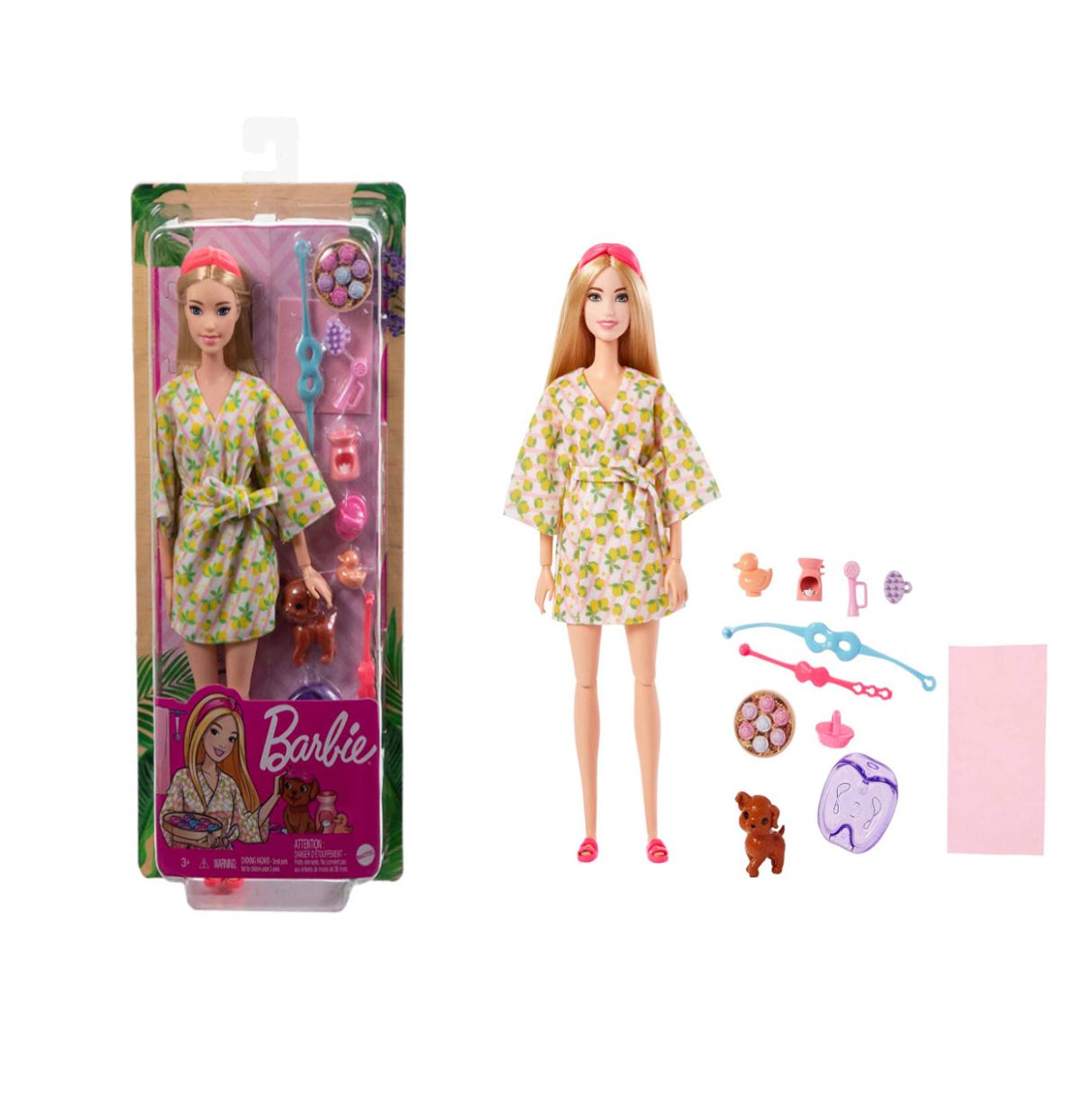 barbie bienestar spa muñeca articulada con mascota y accesorios de relajación, juguete +3 años (mattel hkt90)