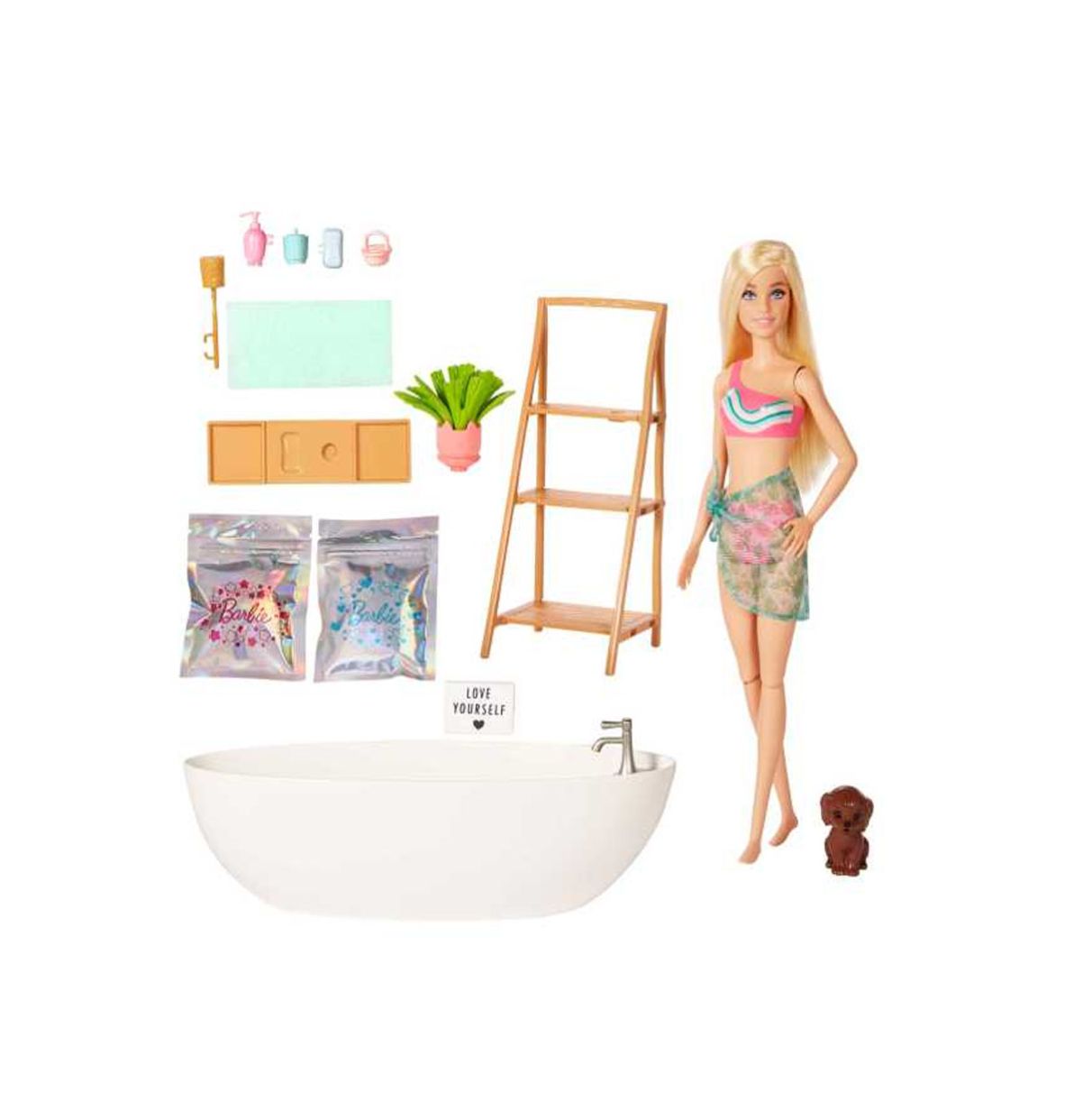 barbie bienestar muñeca rubia con bañera, confeti que cambia de color el agua y accesorios de baño, juguete +3 años (mattel hkt9