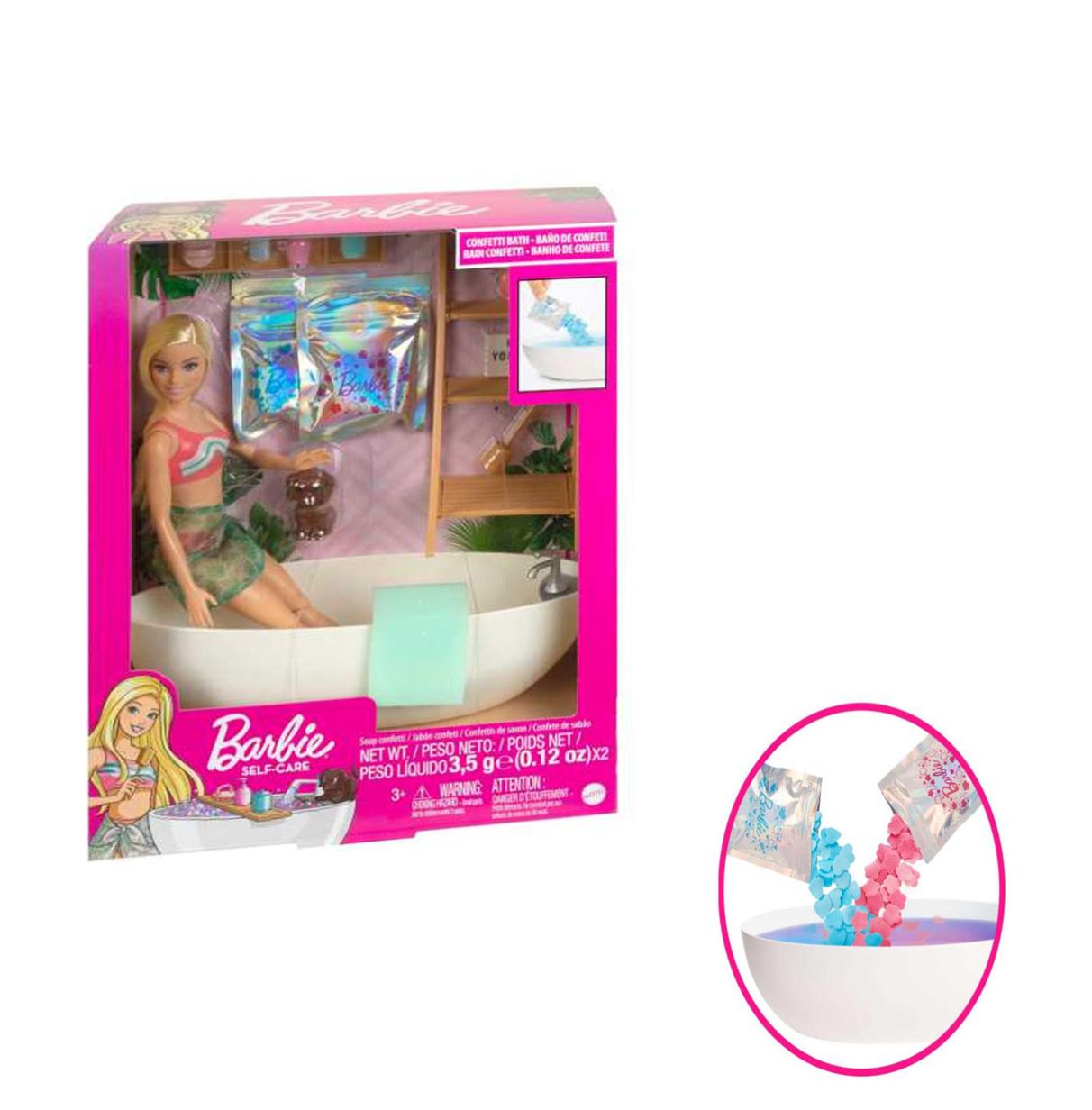 barbie bienestar muñeca rubia con bañera, confeti que cambia de color el agua y accesorios de baño, juguete +3 años (mattel hkt9