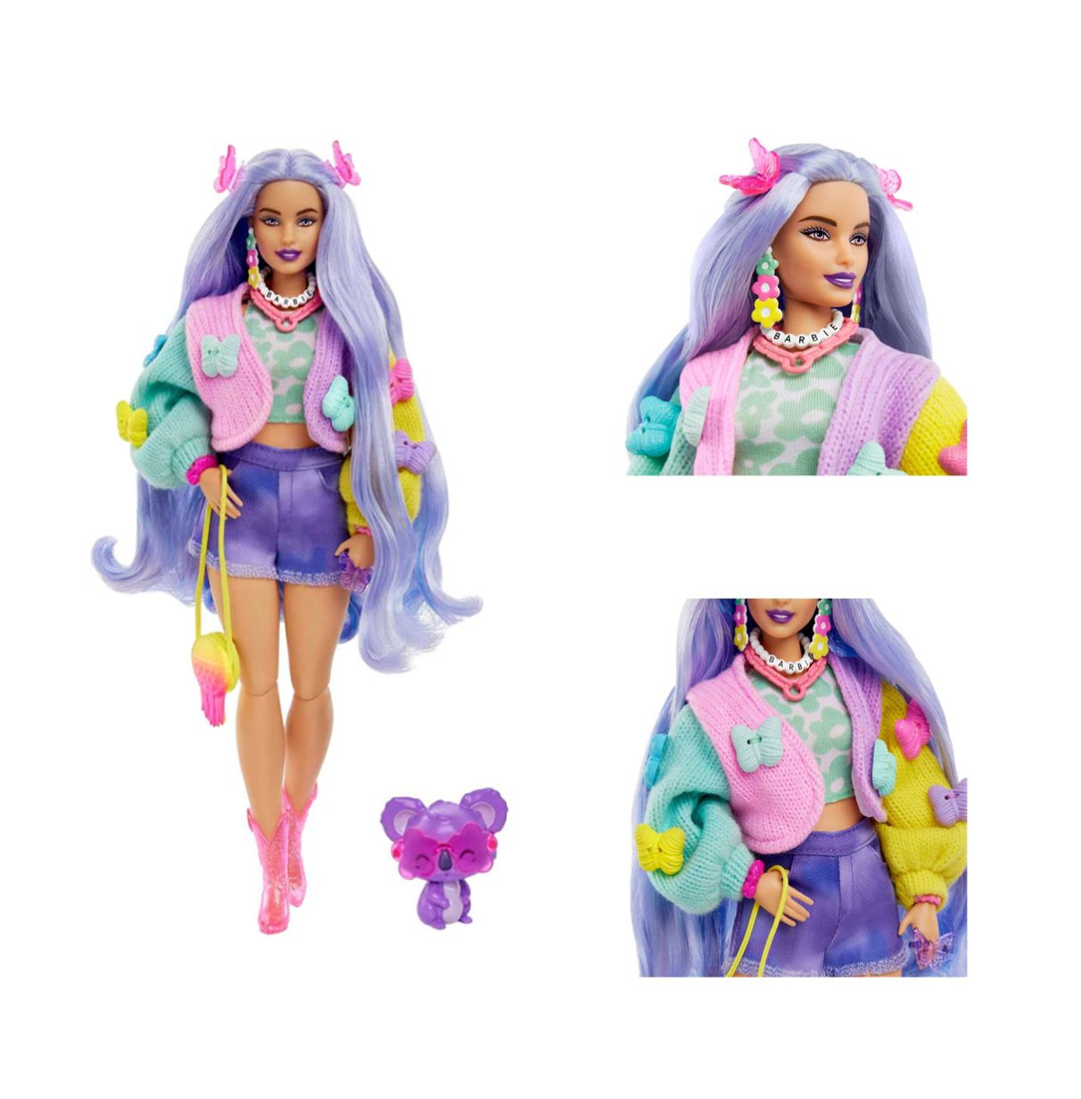 barbie extra curvy muñeca articulada con pelo morado, accesorios de moda y mascota de juguete, +3 años (mattel hkp95)