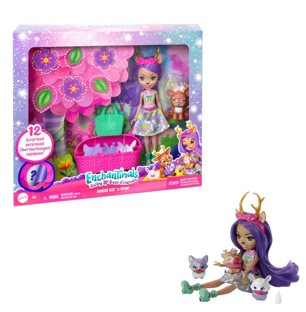 
enchantimals baby bffs muñeca danessa deer con mascota ciervo sprint, 3 bestie reveal y accesorios (mattel hlk84)