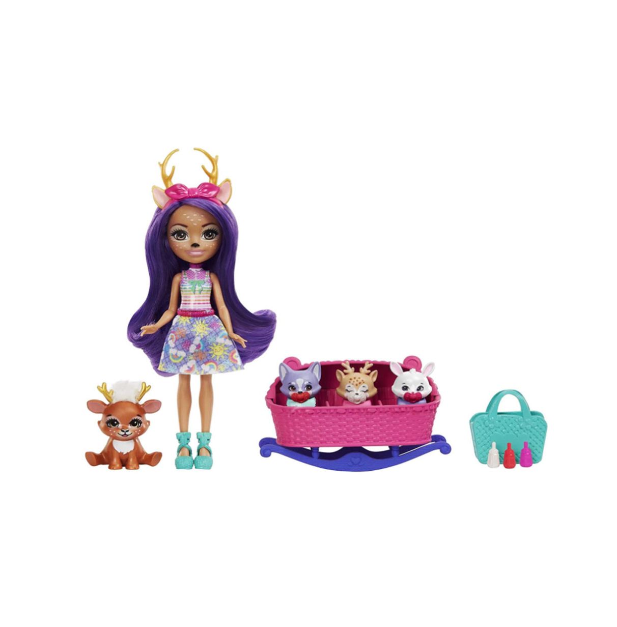 
enchantimals baby bffs muñeca danessa deer con mascota ciervo sprint, 3 bestie reveal y accesorios (mattel hlk84)