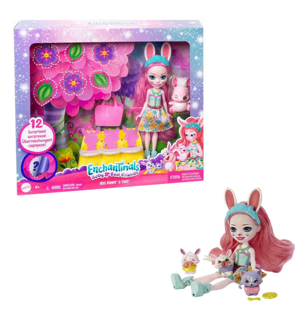 
enchantimals baby bffs muñeca bree bunny con mascota conejo twist , 3 bestie reveal y accesorios (mattel hlk85)