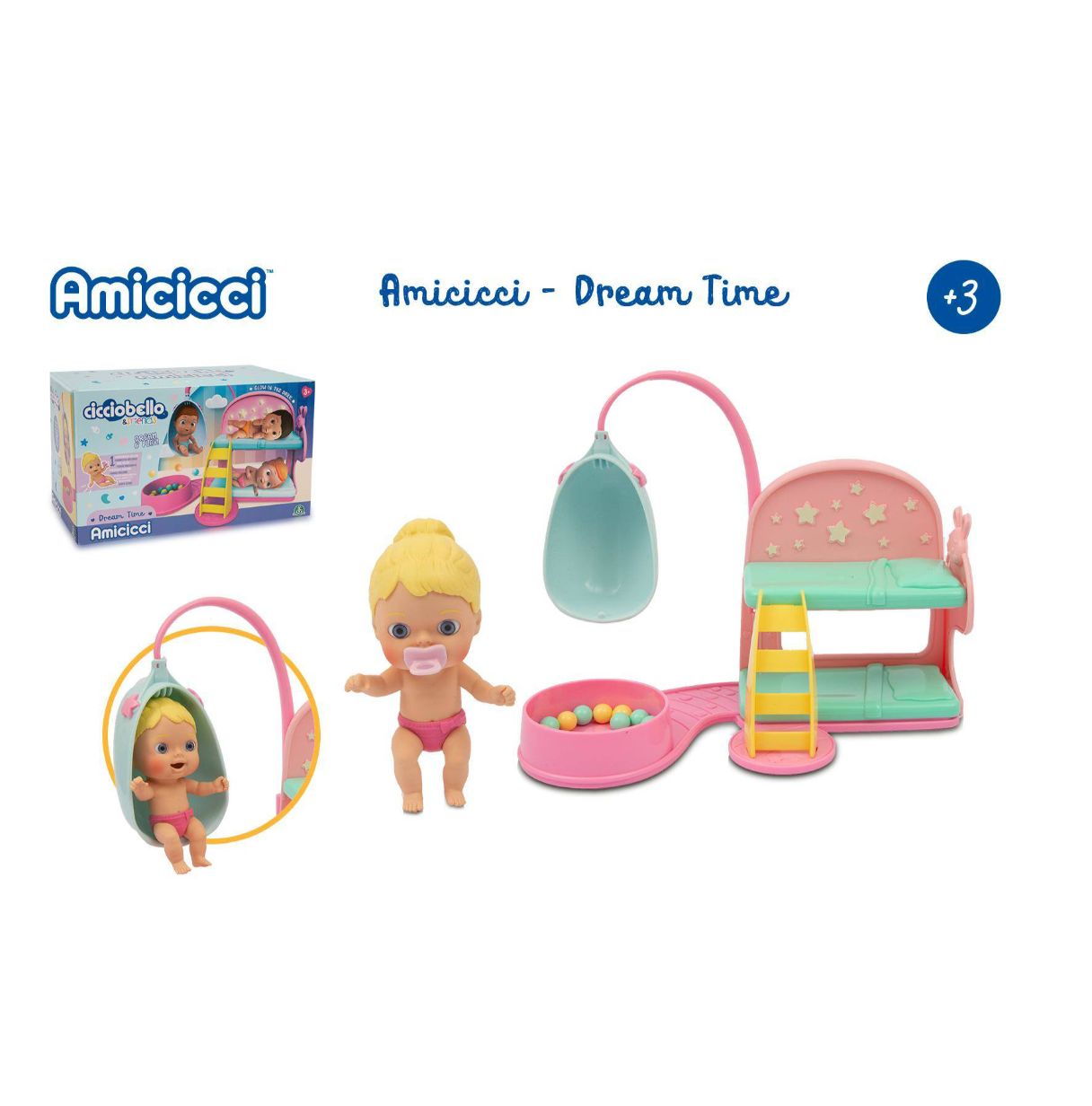 cicciobello - amiccici dream time, set de juguete con un muñeco bebé pequeño y blandito, con una camita y varios accesorios, y u