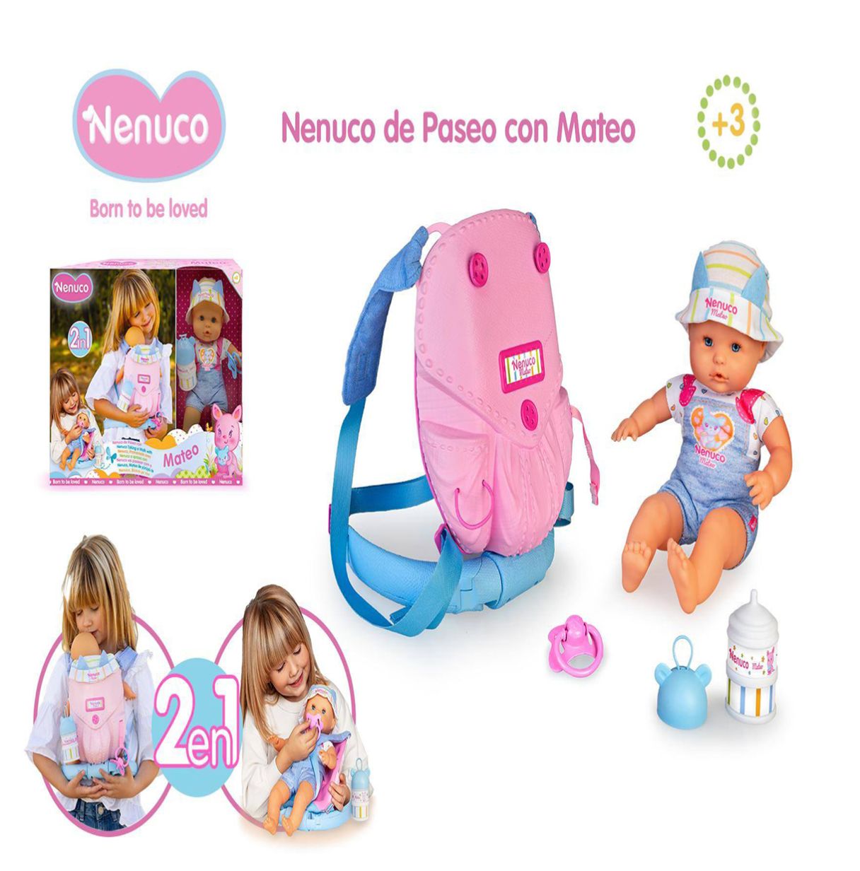 nenuco - de paseo con mateo, muñeco de cuerpo blandito 35 cm, con mochila portabebés para trasportín 2 en 1 que se transforma en