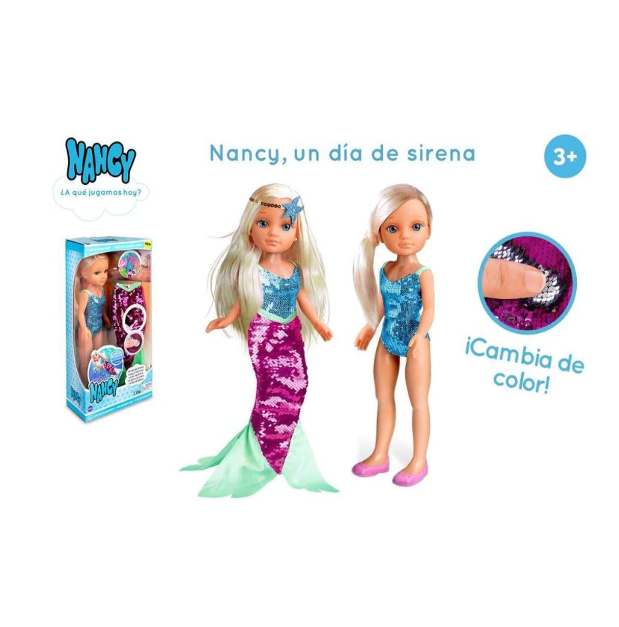 nancy - un día de sirena, juguete infantil muñeca con un bañador y un vestido de cola de sirena de lentejuelas reversibles que c
