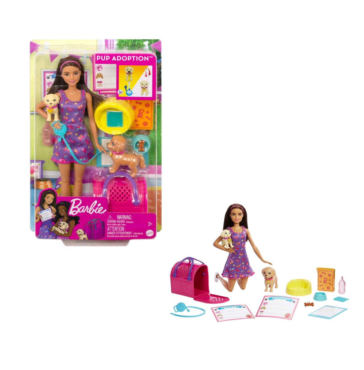 barbie adopta perritos muñeca con vestido morado, perritos mascota y accesorios para cuidarles, juguete +3 años (mattel hkd86)