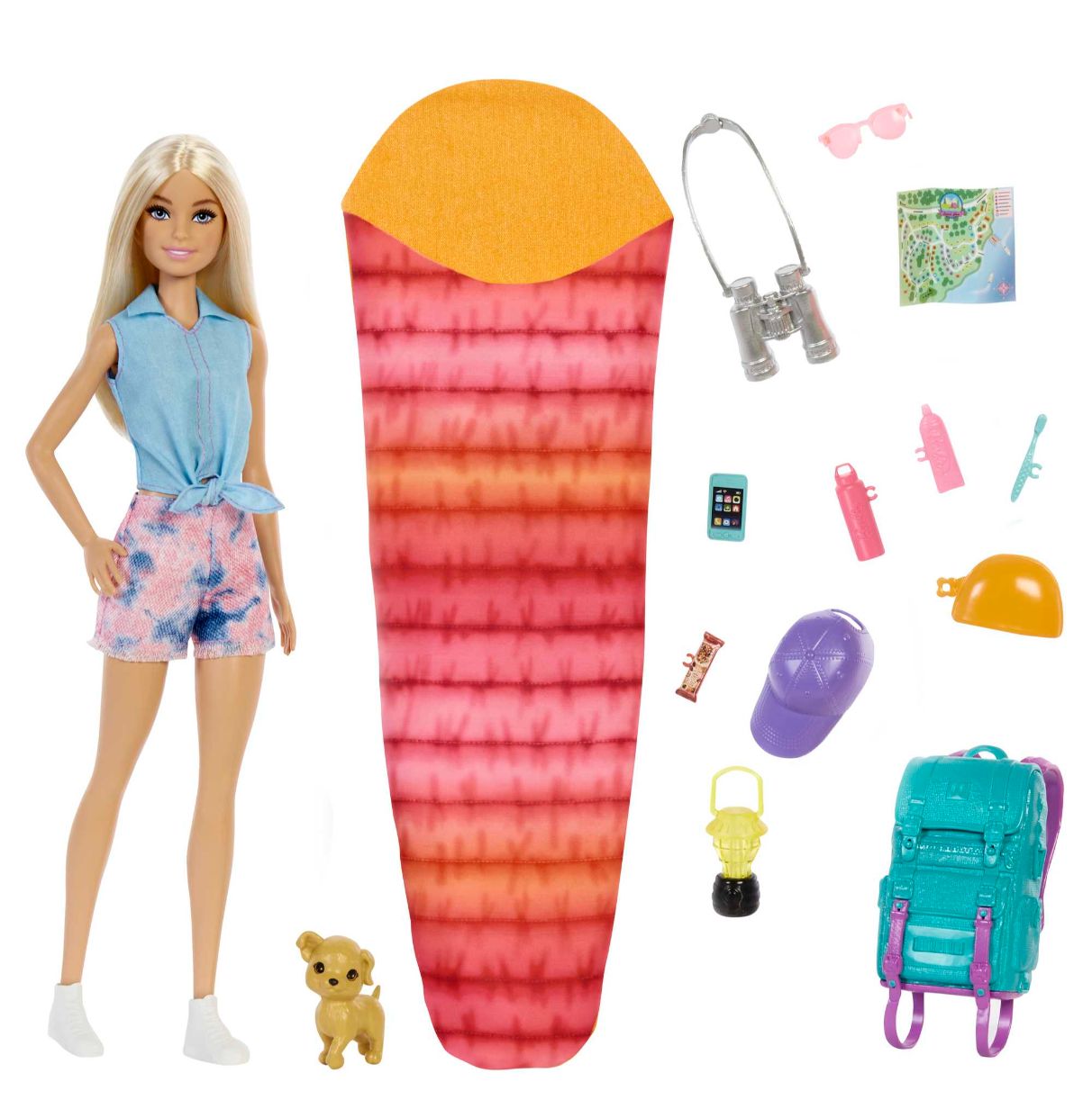 barbie muñeca malibu it takes two de acampada- con cachorro, mochila y saco de dormir - 10+ accesorios - muñeca: 29 cm - regalo 