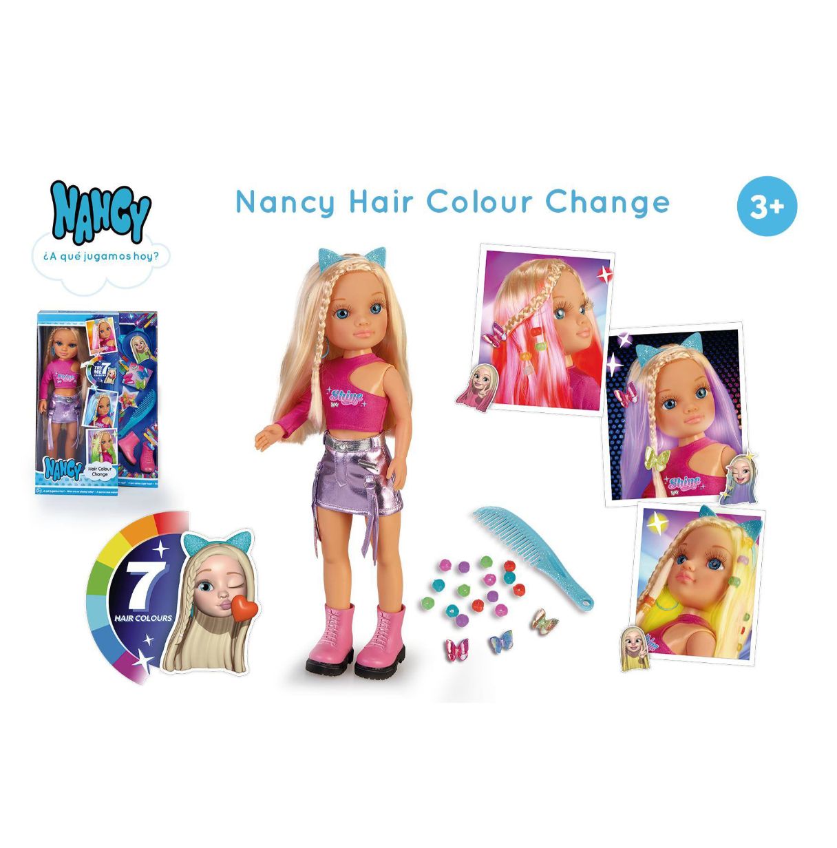 nancy - hair colour challenge, el pelo de la muñeca cambia de color, hasta 5 tonos diferentes, con peine y accesorios, diadema, 