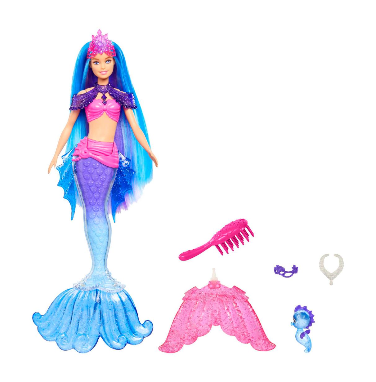barbie mermaid power malibu muñeca sirena con pelo azul, cola fantasía, caballito de mar, cepillo y accesorios de joyería, jugue