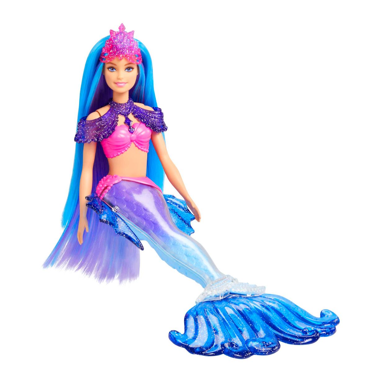 barbie mermaid power malibu muñeca sirena con pelo azul, cola fantasía, caballito de mar, cepillo y accesorios de joyería, jugue