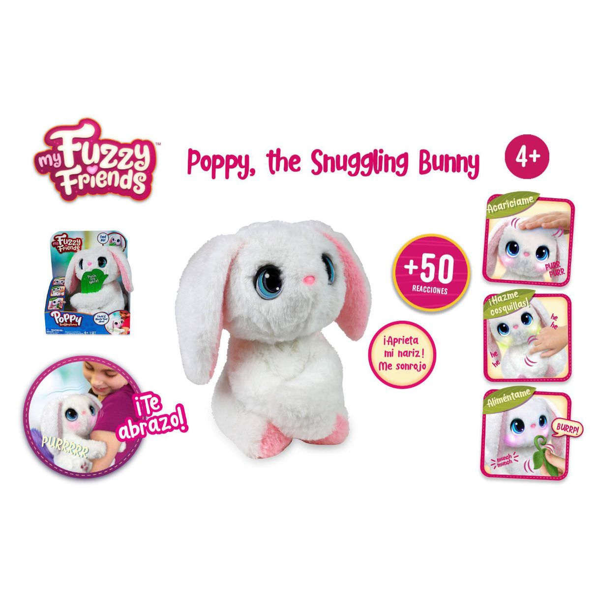 my fuzzy friends - poppy bunny, peluche de conejo blanco interactivo con muchas reacciones, sonido y movimiento, ideal para el d