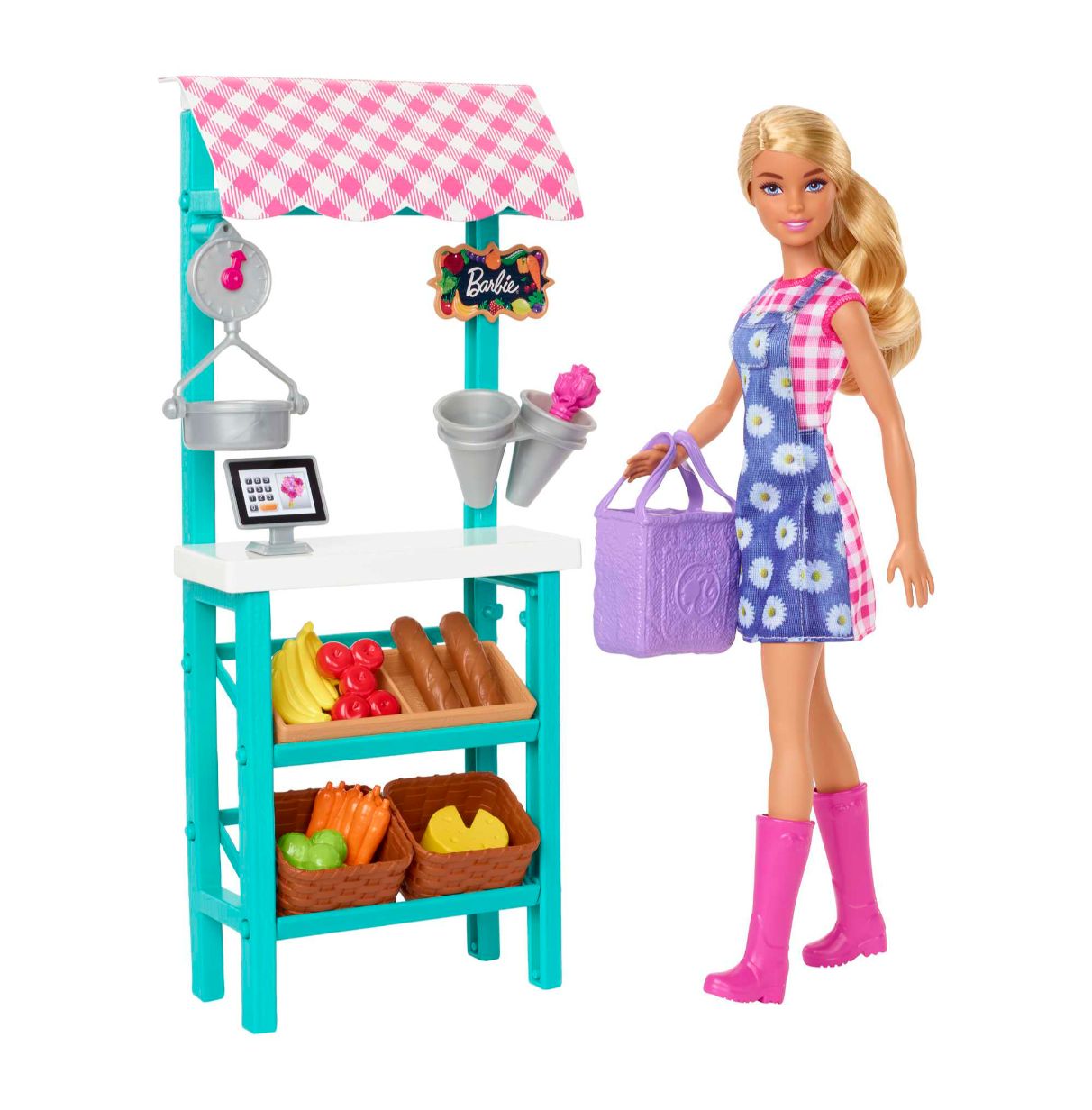 barbie y su mercado rubia muñeca profesiones con puesto de venta de frutas y verduras con accesorios, juguete +3 años (mattel hc